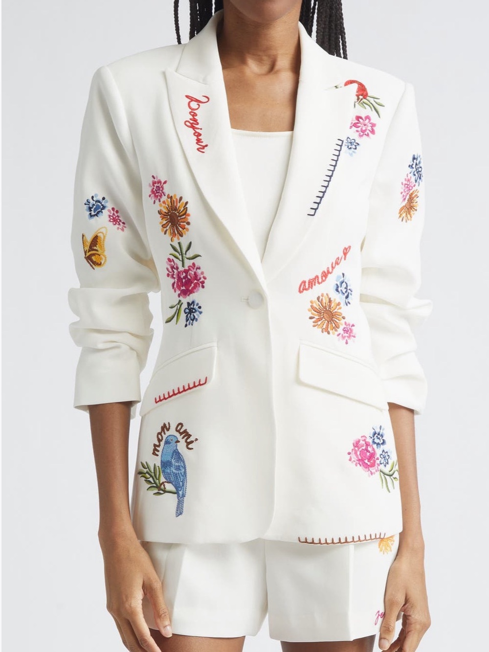White Embroidered Floral Blazer Jacket - Women